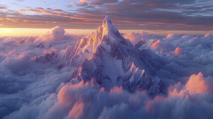 Gorgeous beautiful natural background with mountains among clouds in dawn rays in gentle pastel...