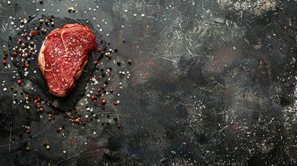 Raw meat. Fresh steak, pork steak with herbs and spices at black background