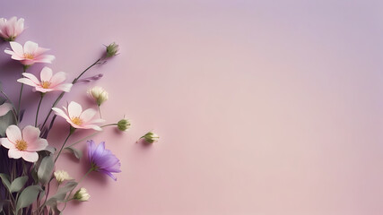 smooth gradient texture background pale pink and purple color, side with delicate flowers, with empty space - obrazy, fototapety, plakaty