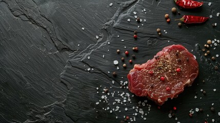 Raw meat. Fresh steak, pork steak with herbs and spices at black background