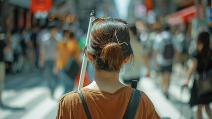 Blind person using white stick in the city - obrazy, fototapety, plakaty