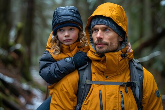 A child and father wearing matching yellow rain jackets look pensively into the distance during a forest hike