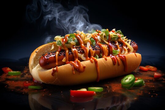 a hot dog with sauce and vegetables
