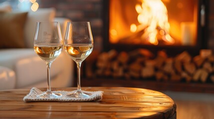 Wine glasses, Drinking Wine with a fireplace background