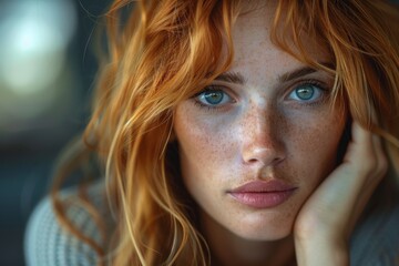 Intense portrait of a red-haired woman with striking green eyes and freckles - obrazy, fototapety, plakaty