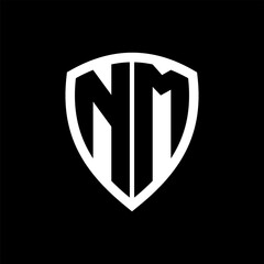 NM monogram logo with bold letters shield shape with black and white color design