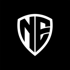 NE monogram logo with bold letters shield shape with black and white color design