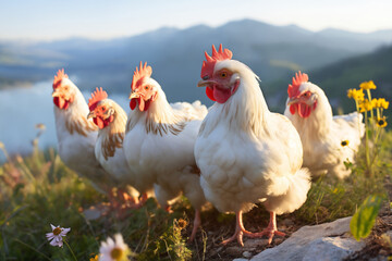 Fototapeta premium Portrait of chickens on a green grass meadow in mountains, bright sunny day, on a ranch in the village, rural surroundings on the background of spring nature