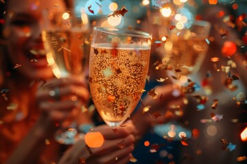 Celebratory cheers with a champagne flute amidst a sparkling backdrop, encapsulating moments of joy and luxury - obrazy, fototapety, plakaty