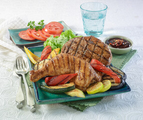 Grilled chicken, beef burger patty with grilled vegetables