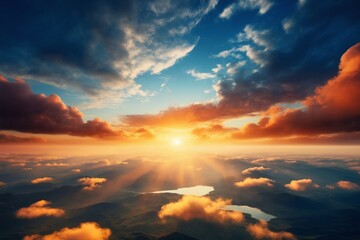 a beautiful dramatic sunset sky with cumulus clouds over the forest and river, a bird's-eye view - obrazy, fototapety, plakaty