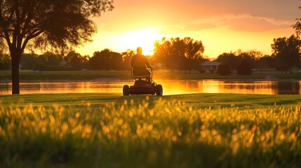 Fototapeta premium Lawn mower, sunset weekend activities 
