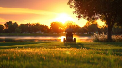 Fototapeta premium Lawn mower, sunset weekend activities 