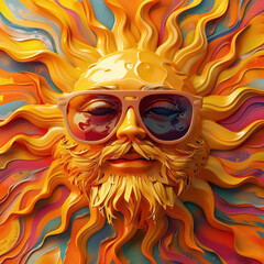3D beared sun wearing sunglasses, on a vibrant abstract allure with golden essence background