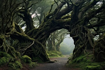 Ancient forest with twisted and gnarled trees that tell tales of time - obrazy, fototapety, plakaty
