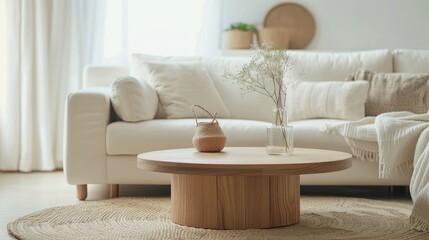 Fototapeta na wymiar Wooden table on rug in front of settee in simple living room interior