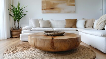 Wooden table on rug in front of settee in simple living room interior