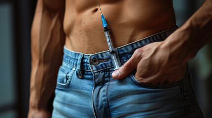 Strong man showing syringe.