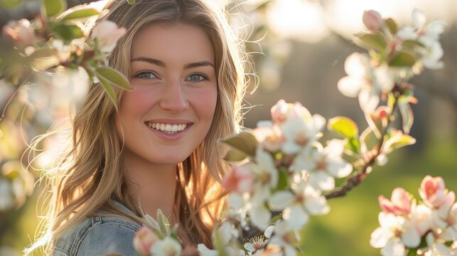 Beautiful young blonde woman standing near blooming tree