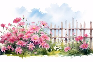 a painting of pink flowers and a white fence - Powered by Adobe