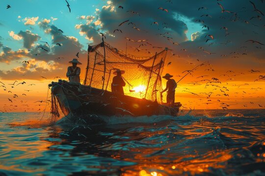Dramatic image of fishermen casting nets during a breathtaking sunset, birds flying over the tranquil sea