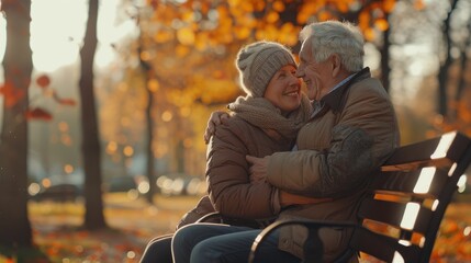 Happy autumn senior couple on park bench