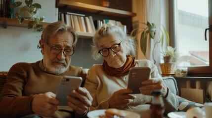 Senior couple using phones to comunicate