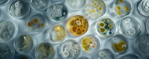 mold, Algae, microalgae in petri dishes research in laboratories. biotechnology, science. Flat lay, top view. Macro.