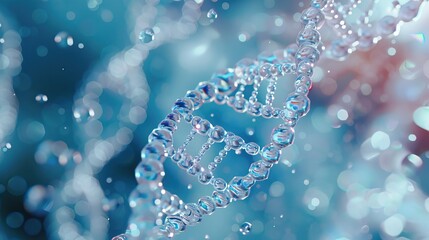 A sparkling DNA double helix illustration with a backdrop of shimmering bokeh lights representing genetic research