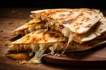 Juicy quesadilla on a wooden board against a galvanized steel background