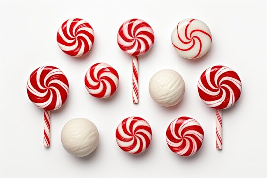 Candy canes and peppermint candies arranged in a flatlay style on a white isolated background