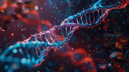 Fotobehang A sparkling DNA double helix illustration with a backdrop of shimmering bokeh lights representing genetic research © velvokayd