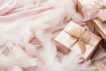 Chic blush and gold Christmas flatlay with sequins, feathers, and a glamorous touch