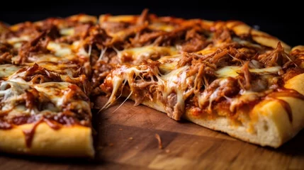 Foto op Plexiglas Close up of a greasy and cheesy slice of BBQ pulled pork pizza with tangy sauce and melted cheese © KerXing
