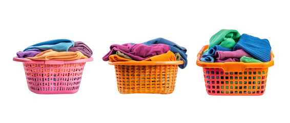 Set of clothes and towel in laundry plastic basket isolated on transparent background.