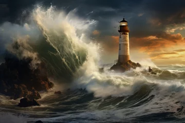 Rolgordijnen Coastal lighthouse standing as a sentinel against crashing waves © KerXing