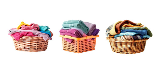 Set of clothes and towel in laundry basket isolated on transparent background.