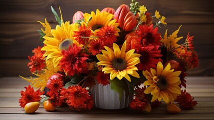 Colorful autumn bouquet featuring sunflowers, mums, and mini pumpkins, evoking the beauty and warmth of the season