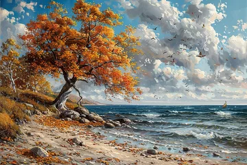 Wandaufkleber Oil painting of a tree on the seashore in autumn © Poulami