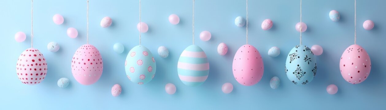 Happy Easter Holiday Celebration : Hanging pastel painted easter eggs on blue pink wall texture