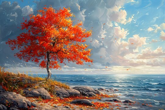 Oil painting of a tree on the seashore in autumn
