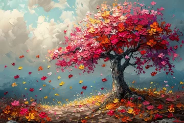 Schilderijen op glas Painting of a tree with colorful flowers in the autumn season. Oil color painting © Poulami