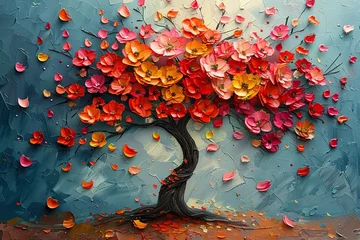 Tuinposter Painting of a tree with colorful flowers in the autumn season. Oil color painting © Poulami