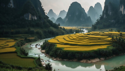 Verwunschene Reisterrassen am mystischen Flusslauf in asiatischer Karstlandschaft
