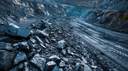 Industrial coal mining in an open pit quarry, fossil fuels, environmental pollution - obrazy, fototapety, plakaty