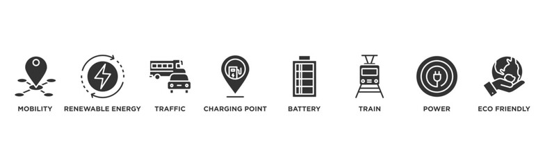E-mobility banner web icon vector illustration concept with icon of mobility, energy, traffic, charging point, battery, lrt, power and eco-friendly	