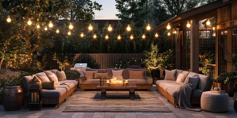 Photo of a cozy outdoor living space with multiple couches and string lights - obrazy, fototapety, plakaty