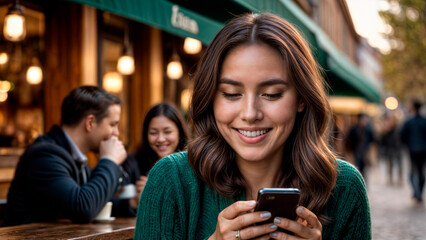 A woman with brown hair wearing a green sweater is smiling while looking at her phone.