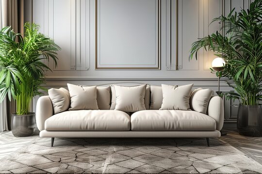 3D Render of Elegant Sofa in Luxurious Modern Living Room.