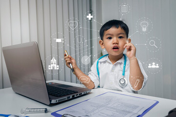 Little boy in medic uniform with stethoscope around his neck pointing finger up with successful idea, Careers in children's dreams concept. Various health and education-related icons around the boy.